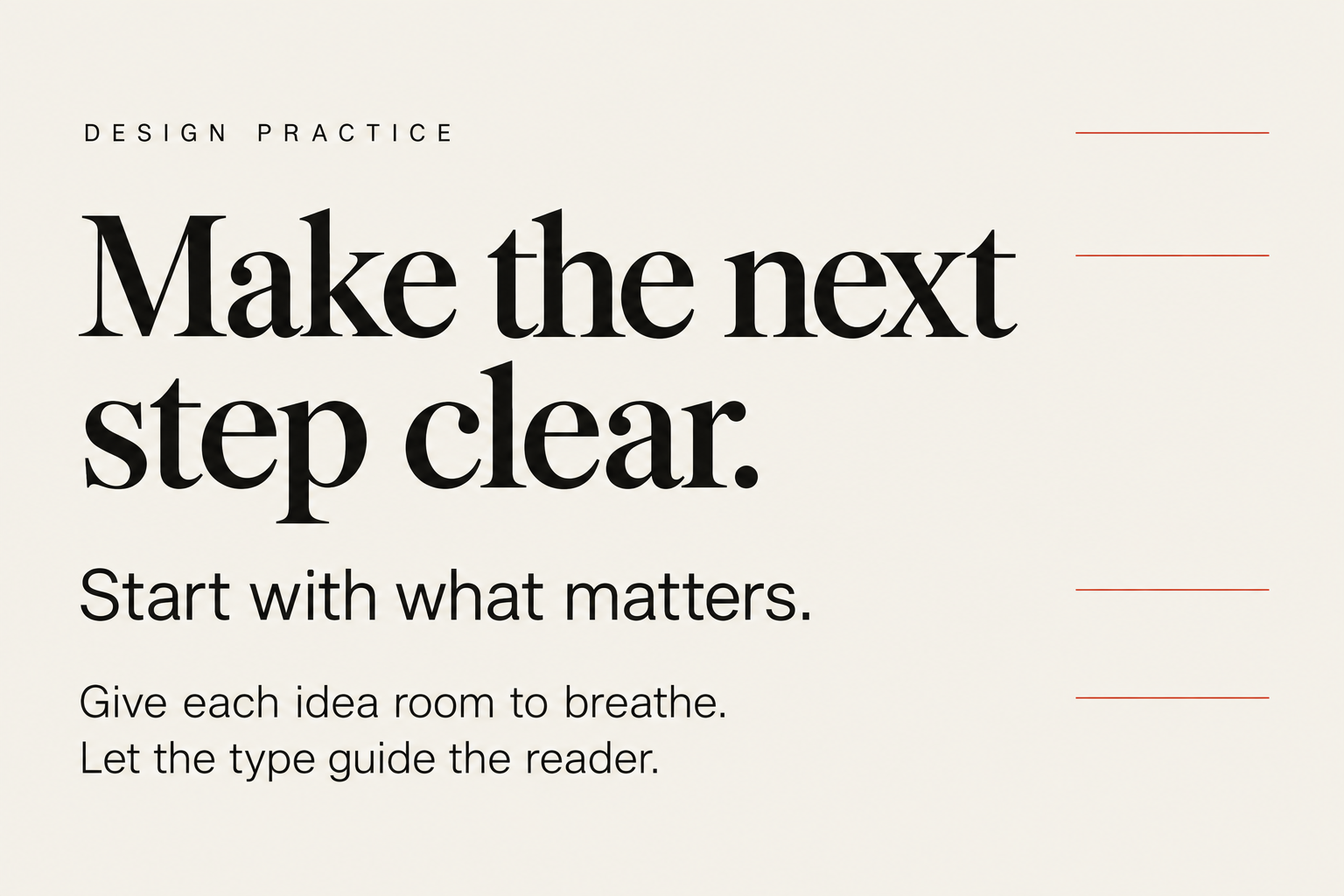 A typography specimen separates a small label, large serif headline, subheading and body text into four clear reading levels.