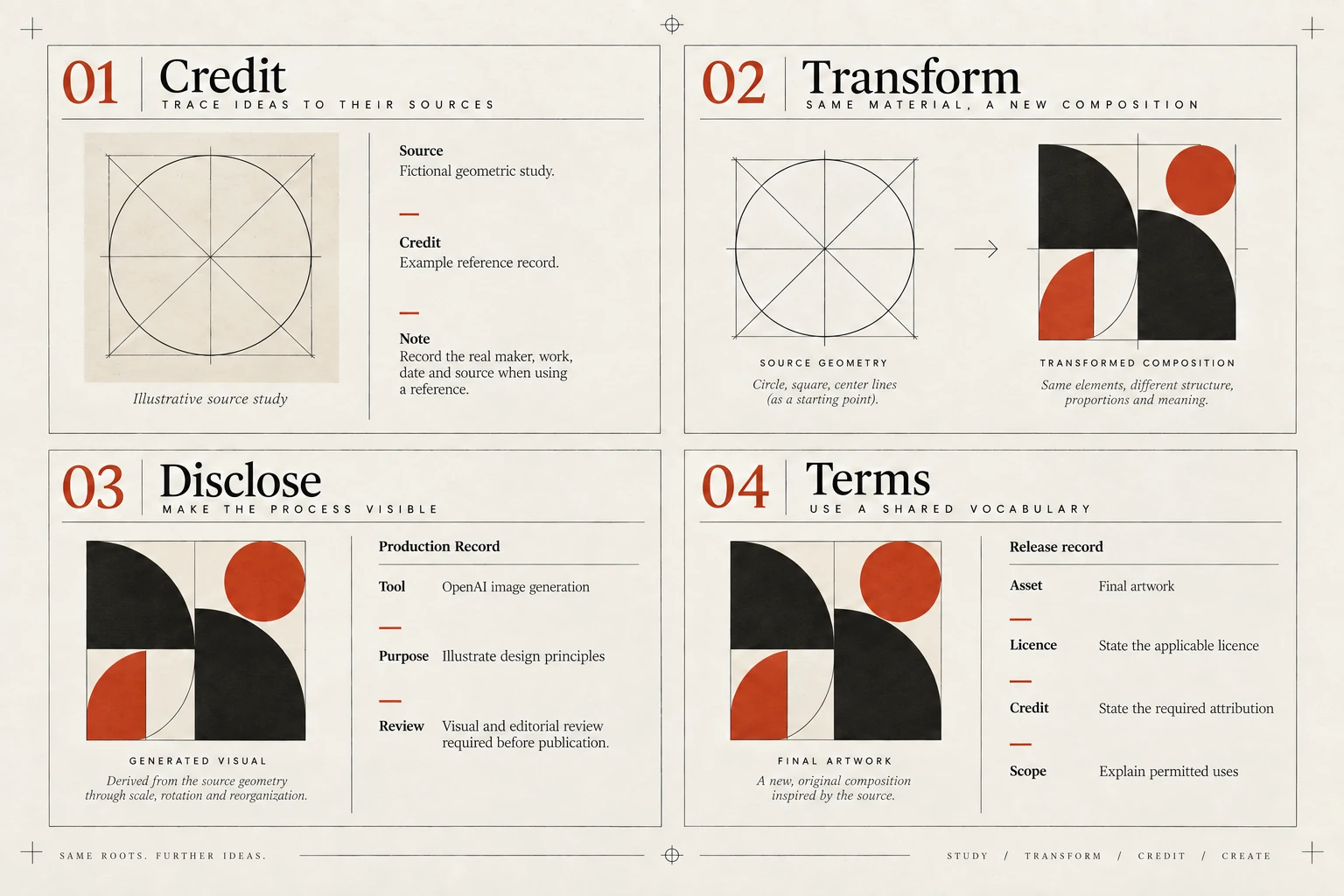 Four visual examples of provenance: keep a useful record of references; learn from the reasoning behind a reference; document generative tools in the handover; state the terms of reuse.