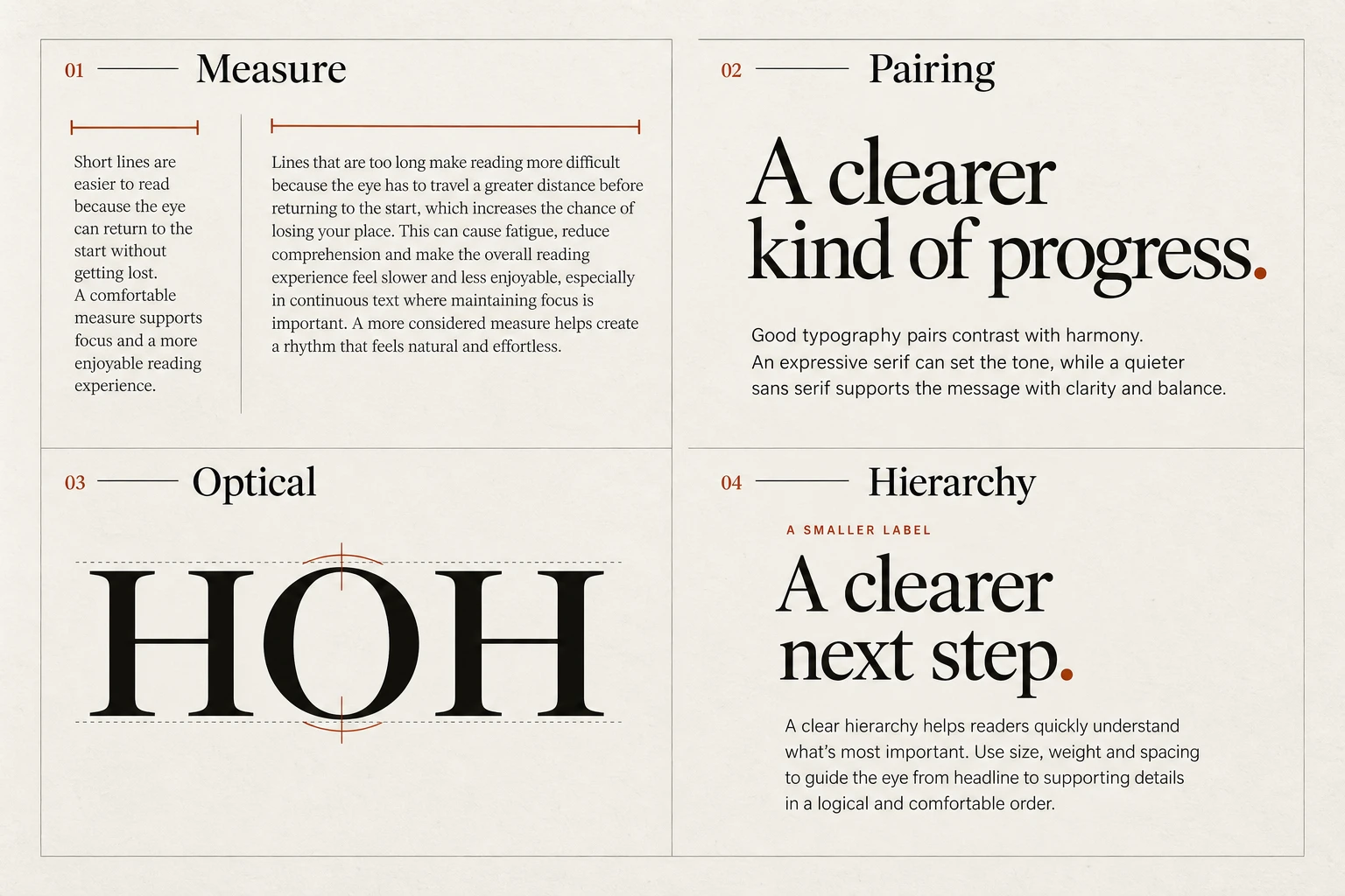 Four visual examples of typography: choose a comfortable line length; give each typeface a clear job; refine alignment by eye; make the reading order clear.