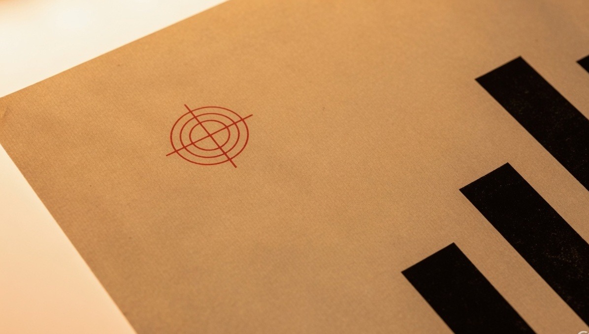Macro of the vermilion registration target printed on cream paper.