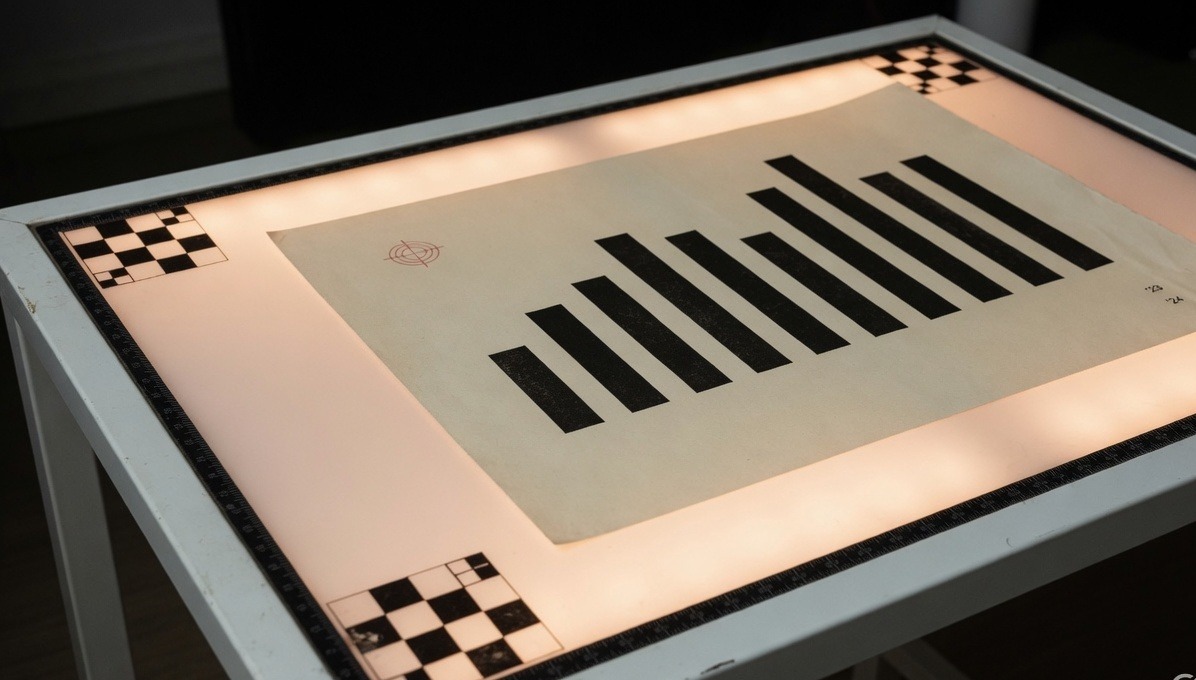 Three-quarter view of the same print on the light table.