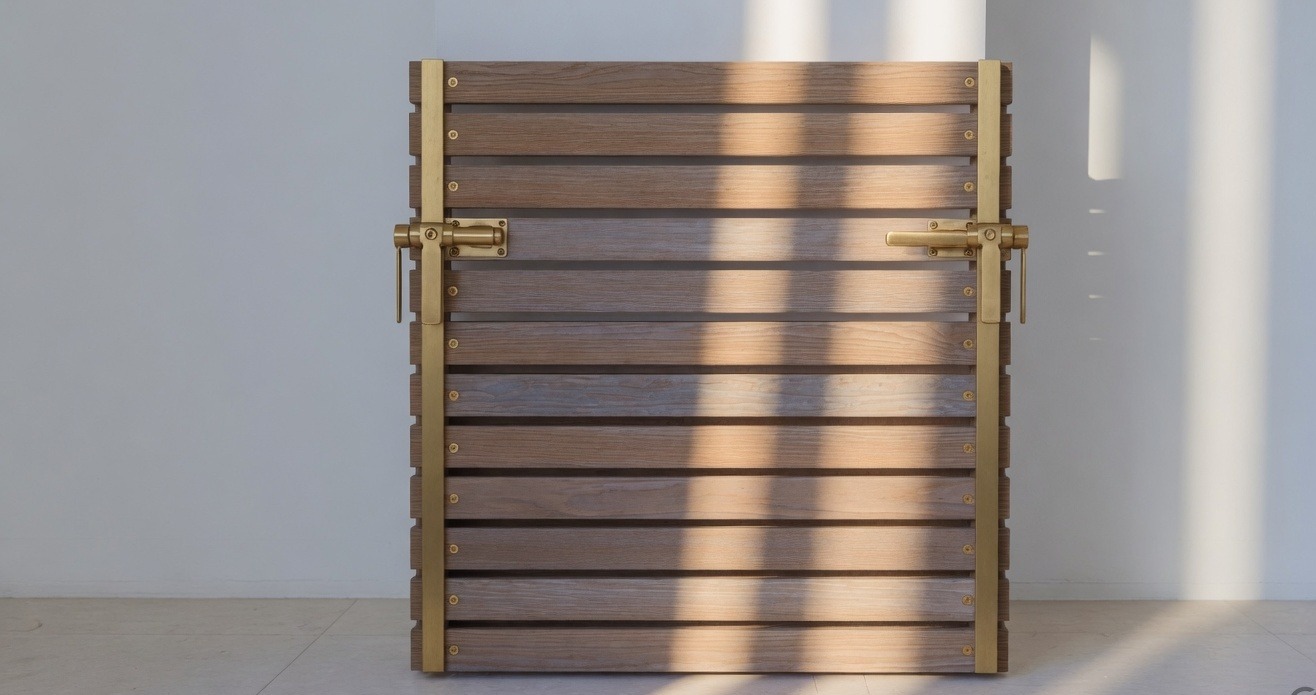 Front elevation of the same timber and brass louvre panel.