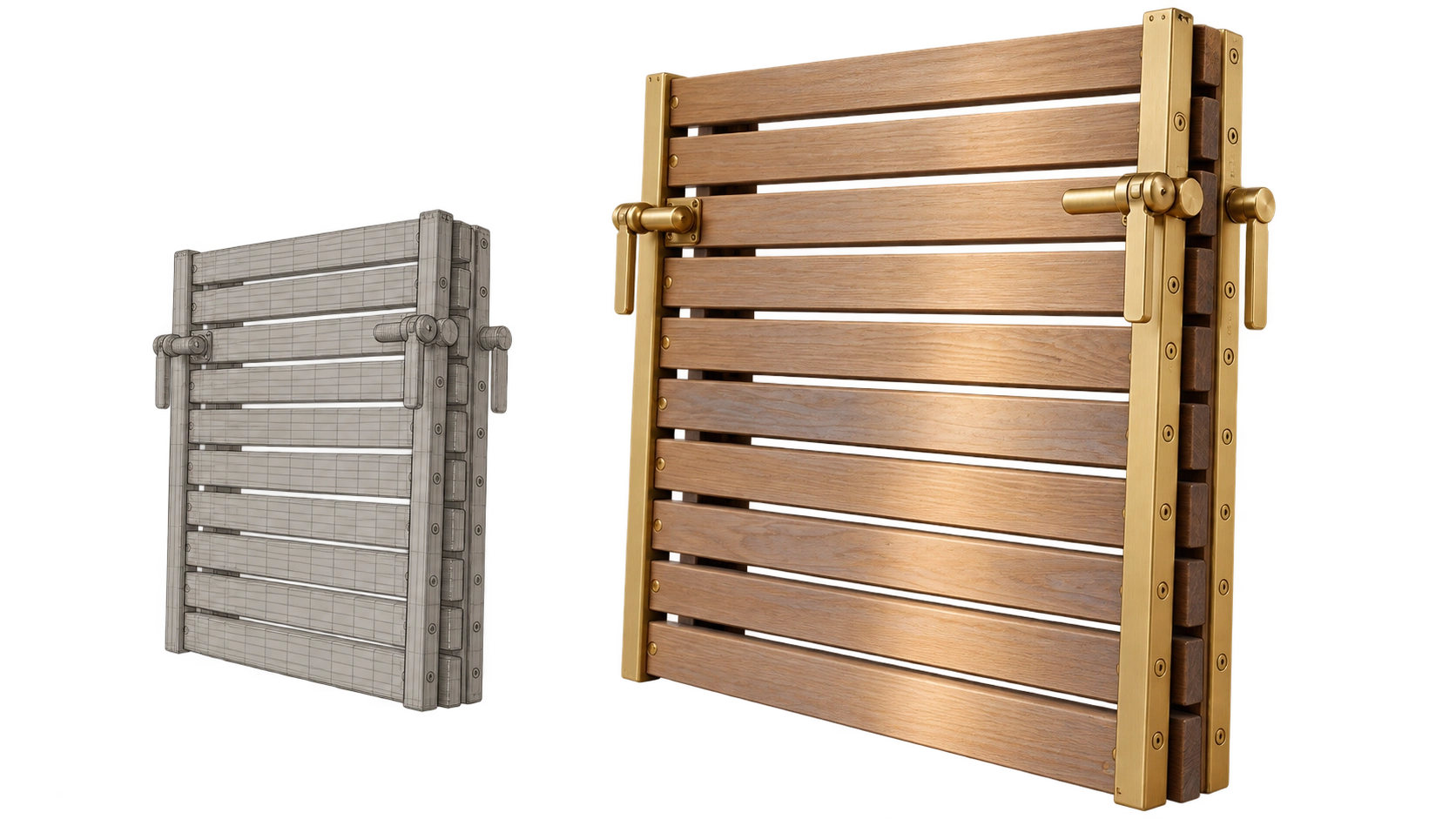 Oak louvre panel with brushed brass hardware, warm reflected light between the slats, and a smaller illustrative wireframe study alongside.